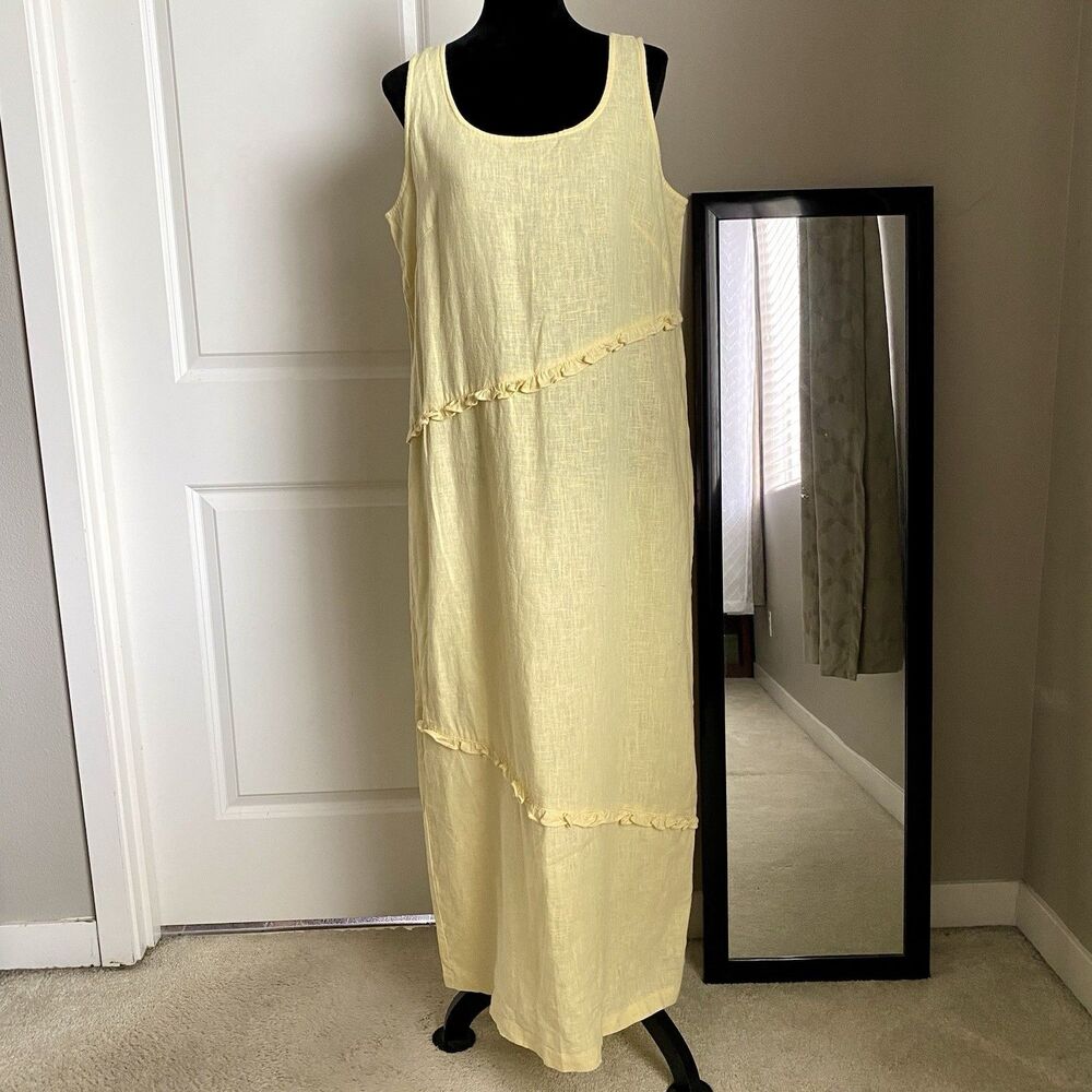 Vintage Yellow Linen Sleeveless Maxi Dress Ruffle Hems Size XL Modest Summer